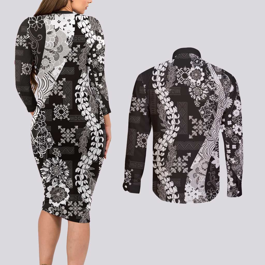 Hawaii Puakenikeni and Maile Lei Couples Matching Long Sleeve Bodycon Dress and Long Sleeve Button Shirt Black Japanese Wave Style LT9 - Polynesian Pride