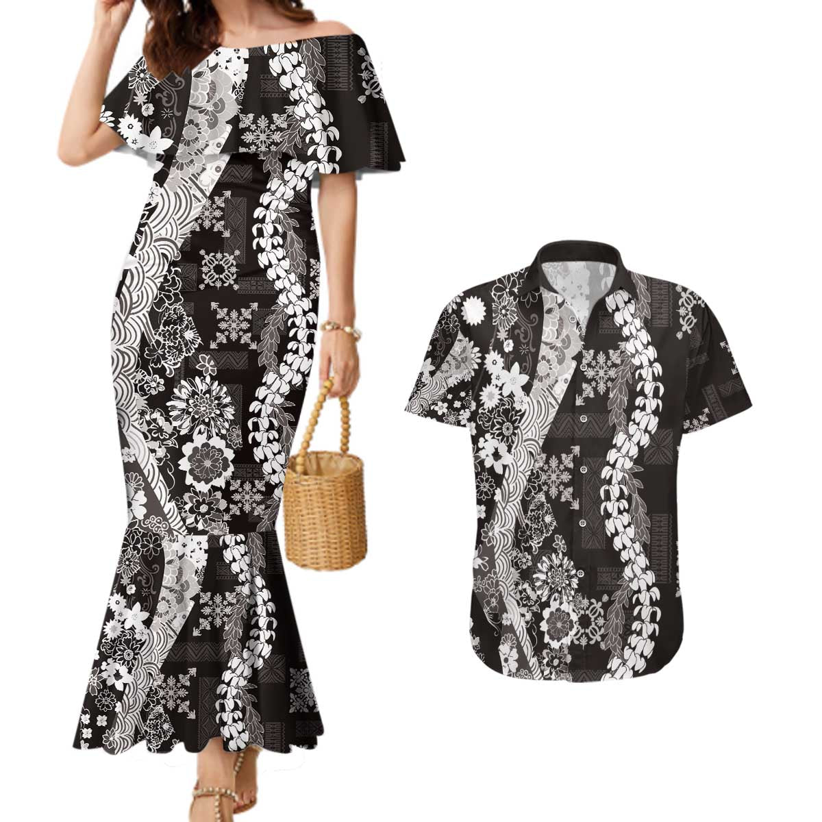 Hawaii Puakenikeni and Maile Lei Couples Matching Mermaid Dress and Hawaiian Shirt Black Japanese Wave Style LT9 Black - Polynesian Pride
