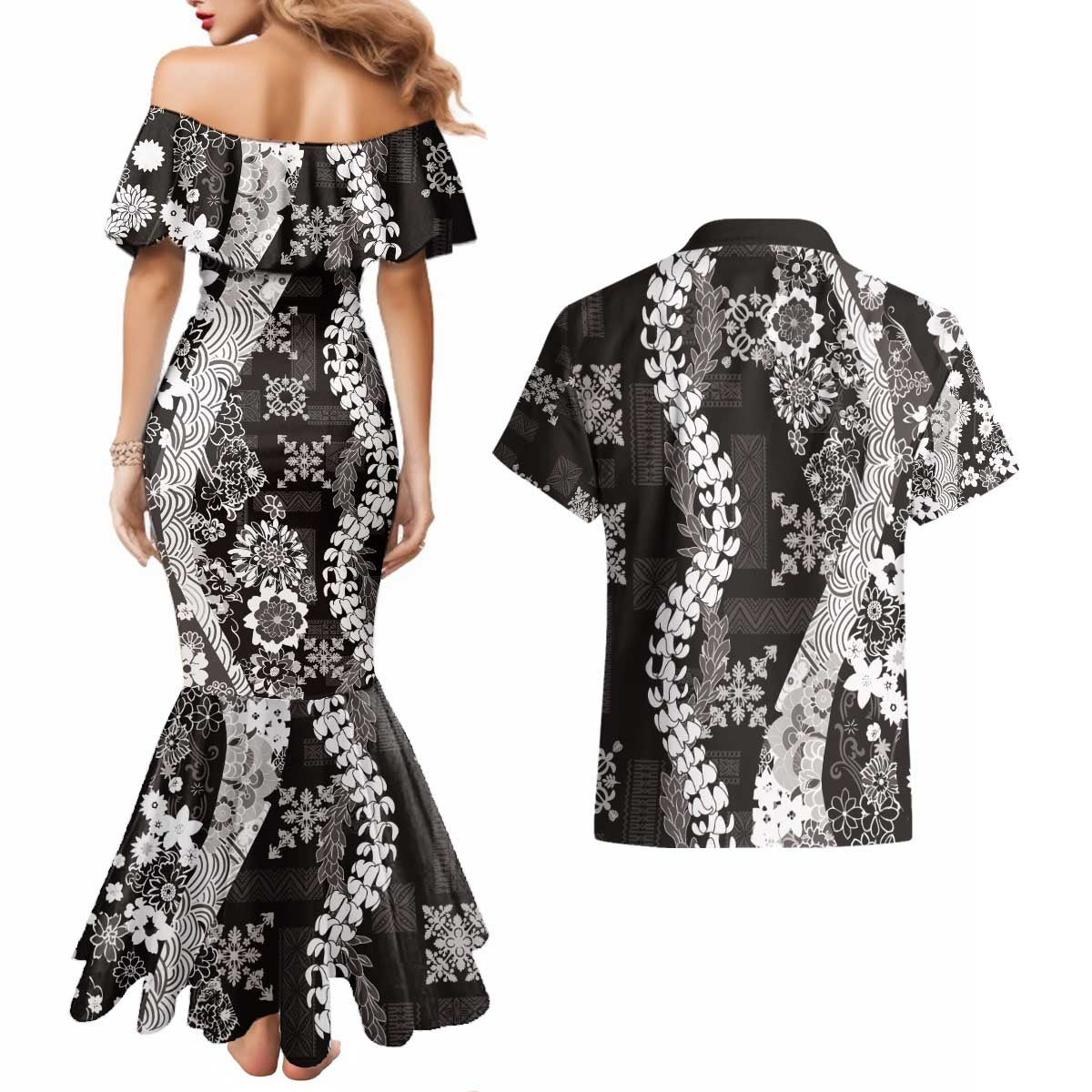 Hawaii Puakenikeni and Maile Lei Couples Matching Mermaid Dress and Hawaiian Shirt Black Japanese Wave Style LT9 - Polynesian Pride