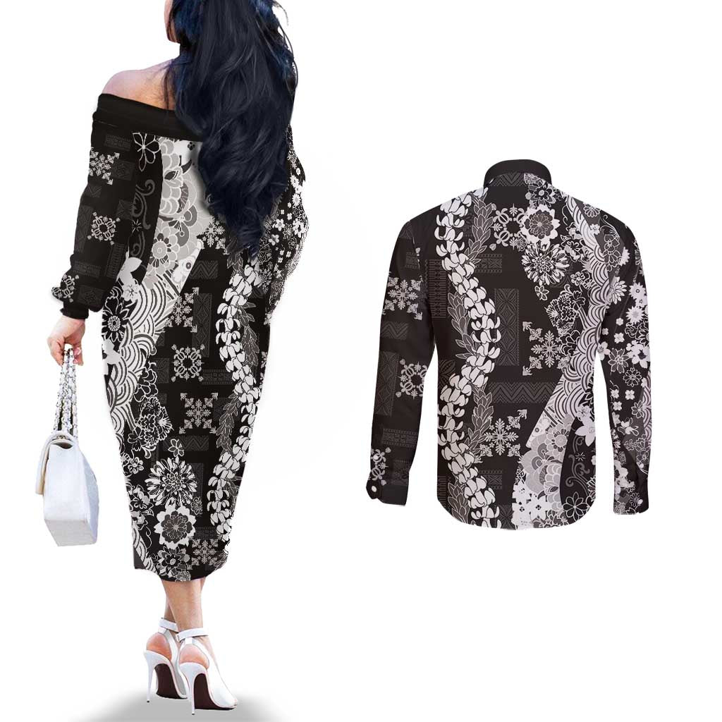 Hawaii Puakenikeni and Maile Lei Couples Matching Off The Shoulder Long Sleeve Dress and Long Sleeve Button Shirt Black Japanese Wave Style LT9 - Polynesian Pride