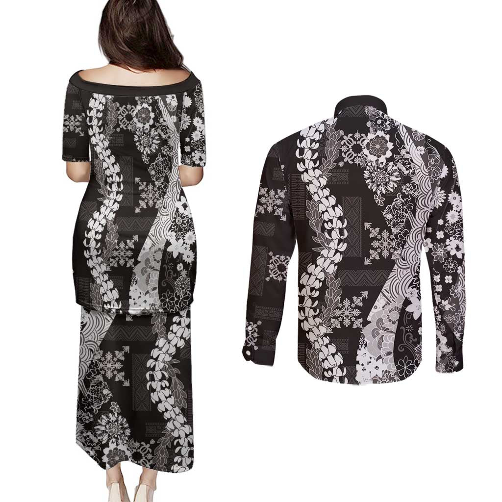 Hawaii Puakenikeni and Maile Lei Couples Matching Puletasi and Long Sleeve Button Shirt Black Japanese Wave Style - Polynesian Pride