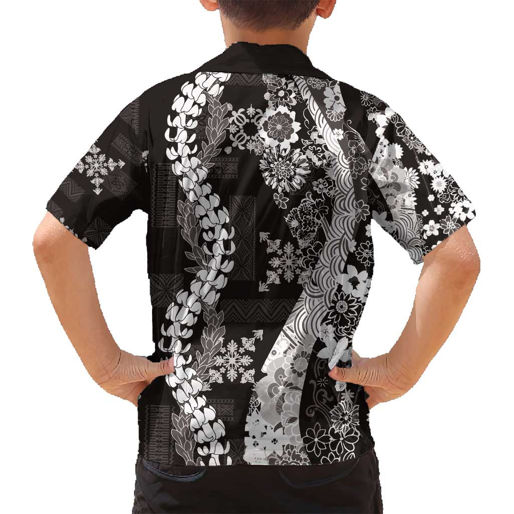 Hawaii Puakenikeni and Maile Lei Family Matching Long Sleeve Bodycon Dress and Hawaiian Shirt Black Japanese Wave Style LT9 - Polynesian Pride