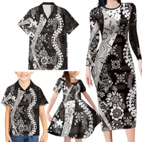 Hawaii Puakenikeni and Maile Lei Family Matching Long Sleeve Bodycon Dress and Hawaiian Shirt Black Japanese Wave Style LT9 - Polynesian Pride