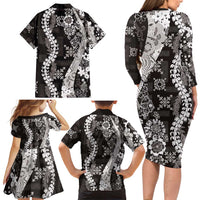 Hawaii Puakenikeni and Maile Lei Family Matching Long Sleeve Bodycon Dress and Hawaiian Shirt Black Japanese Wave Style LT9 - Polynesian Pride
