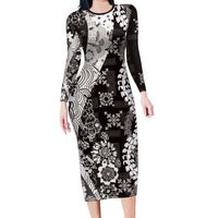 Hawaii Puakenikeni and Maile Lei Family Matching Long Sleeve Bodycon Dress and Hawaiian Shirt Black Japanese Wave Style LT9 Mom's Dress Black - Polynesian Pride