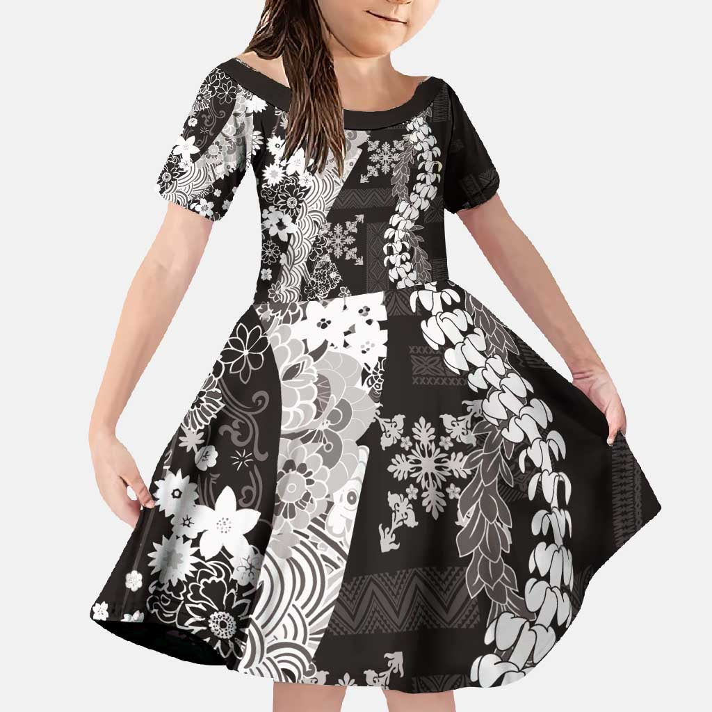 Hawaii Puakenikeni and Maile Lei Family Matching Mermaid Dress and Hawaiian Shirt Black Japanese Wave Style LT9 Daughter's Dress Black - Polynesian Pride