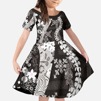Hawaii Puakenikeni and Maile Lei Family Matching Mermaid Dress and Hawaiian Shirt Black Japanese Wave Style LT9 Daughter's Dress Black - Polynesian Pride