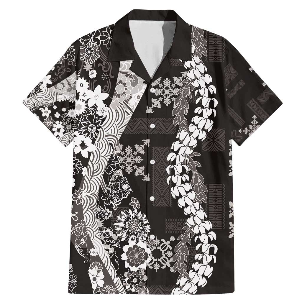Hawaii Puakenikeni and Maile Lei Family Matching Mermaid Dress and Hawaiian Shirt Black Japanese Wave Style LT9 Dad's Shirt - Short Sleeve Black - Polynesian Pride