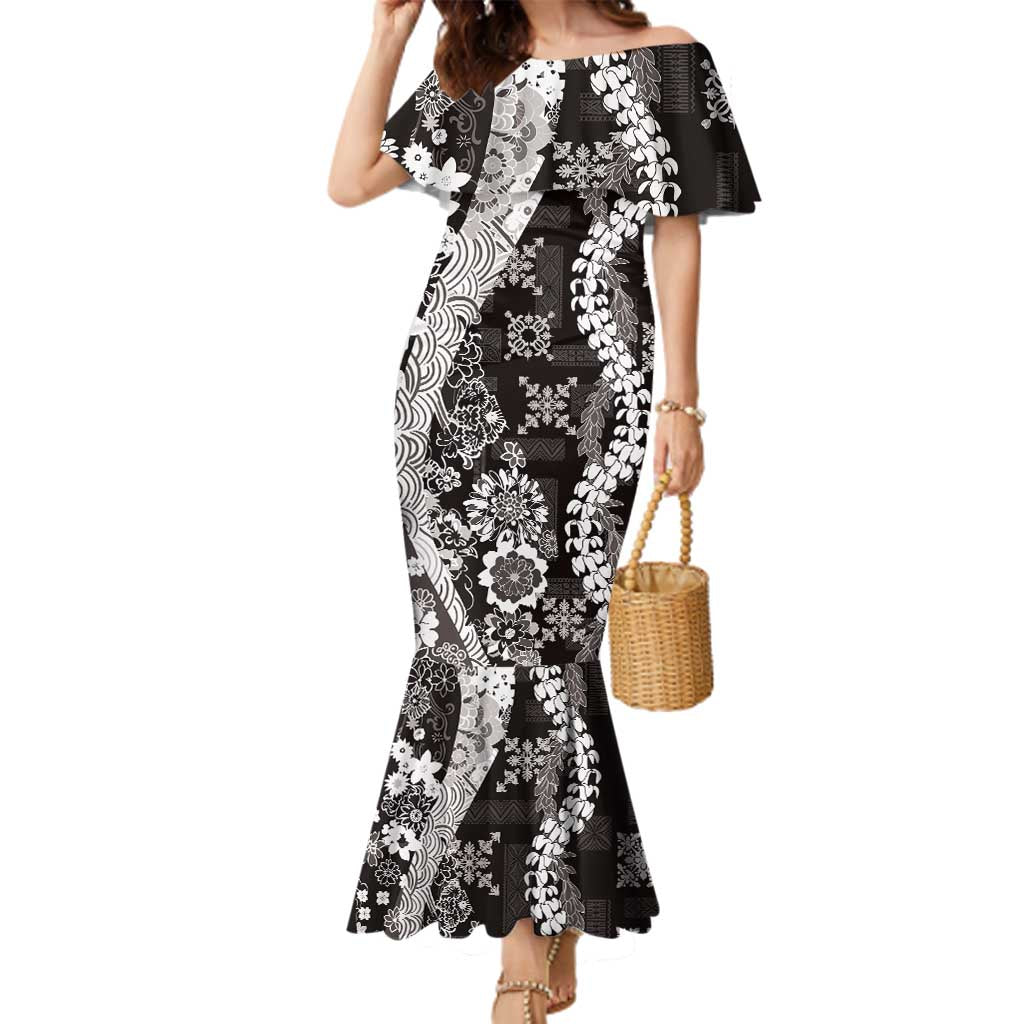Hawaii Puakenikeni and Maile Lei Family Matching Mermaid Dress and Hawaiian Shirt Black Japanese Wave Style LT9 Mom's Dress Black - Polynesian Pride