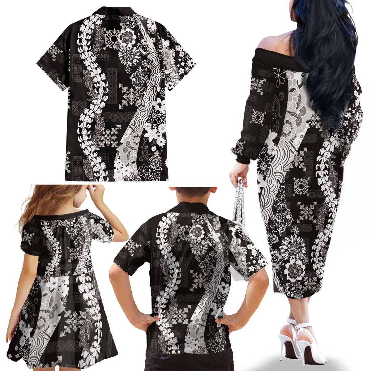 Hawaii Puakenikeni and Maile Lei Family Matching Off The Shoulder Long Sleeve Dress and Hawaiian Shirt Black Japanese Wave Style LT9 - Polynesian Pride