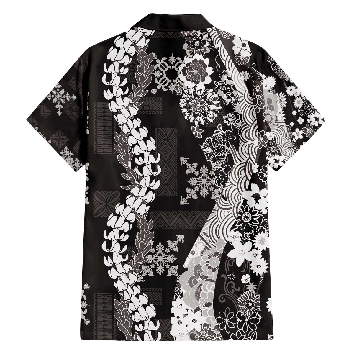 Hawaii Puakenikeni and Maile Lei Family Matching Off The Shoulder Long Sleeve Dress and Hawaiian Shirt Black Japanese Wave Style LT9 - Polynesian Pride