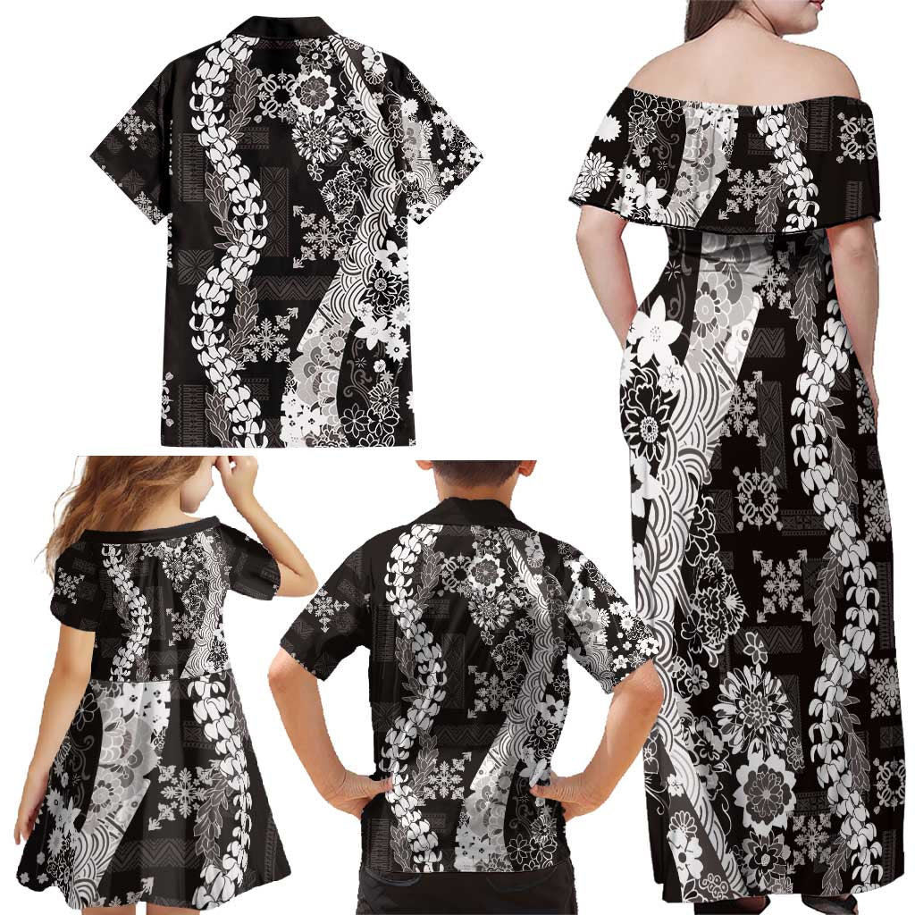 Hawaii Puakenikeni and Maile Lei Family Matching Off Shoulder Maxi Dress and Hawaiian Shirt Black Japanese Wave Style LT9 - Polynesian Pride