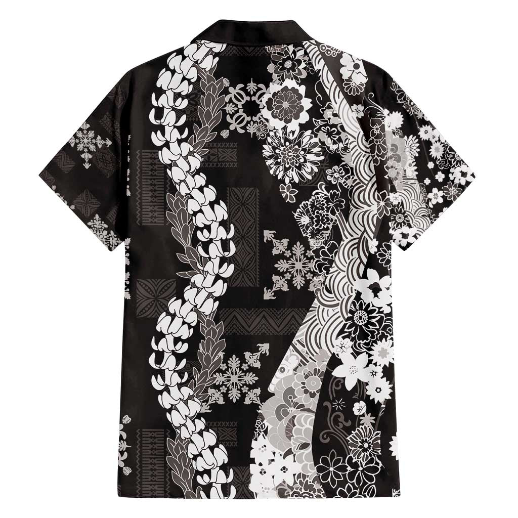 Hawaii Puakenikeni and Maile Lei Family Matching Off Shoulder Maxi Dress and Hawaiian Shirt Black Japanese Wave Style LT9 - Polynesian Pride