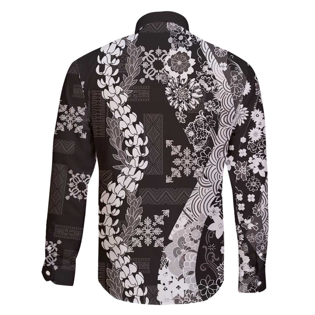 Hawaii Puakenikeni and Maile Lei Family Matching Off Shoulder Maxi Dress and Hawaiian Shirt Black Japanese Wave Style LT9 - Polynesian Pride