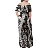 Hawaii Puakenikeni and Maile Lei Family Matching Off Shoulder Maxi Dress and Hawaiian Shirt Black Japanese Wave Style LT9 - Polynesian Pride