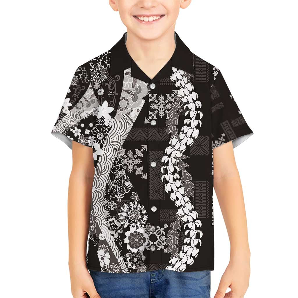Hawaii Puakenikeni and Maile Lei Family Matching Off Shoulder Maxi Dress and Hawaiian Shirt Black Japanese Wave Style LT9 Son's Shirt Black - Polynesian Pride