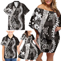Hawaii Puakenikeni and Maile Lei Family Matching Off Shoulder Short Dress and Hawaiian Shirt Black Japanese Wave Style LT9 - Polynesian Pride