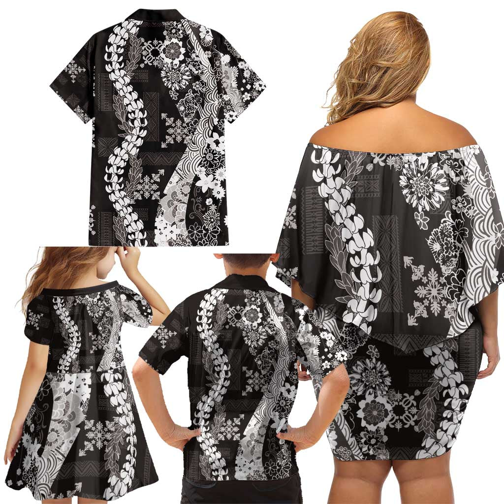 Hawaii Puakenikeni and Maile Lei Family Matching Off Shoulder Short Dress and Hawaiian Shirt Black Japanese Wave Style LT9 - Polynesian Pride