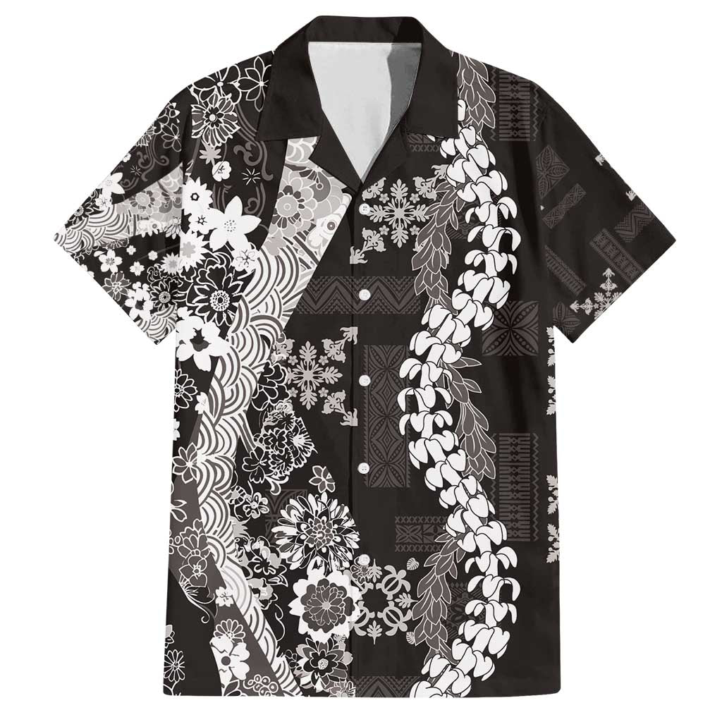 Hawaii Puakenikeni and Maile Lei Family Matching Off Shoulder Short Dress and Hawaiian Shirt Black Japanese Wave Style LT9 Dad's Shirt - Short Sleeve Black - Polynesian Pride
