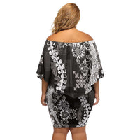 Hawaii Puakenikeni and Maile Lei Family Matching Off Shoulder Short Dress and Hawaiian Shirt Black Japanese Wave Style LT9 - Polynesian Pride