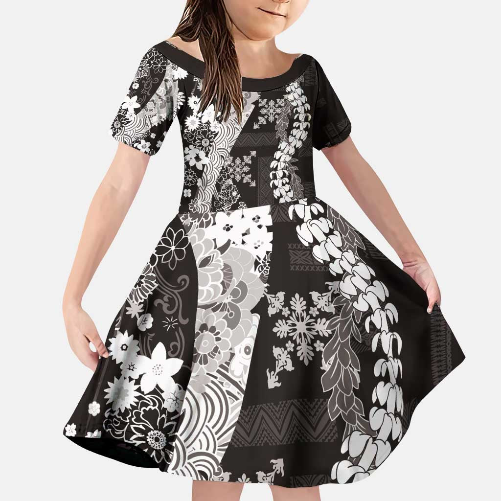 Hawaii Puakenikeni and Maile Lei Family Matching Puletasi and Hawaiian Shirt Black Japanese Wave Style - Polynesian Pride