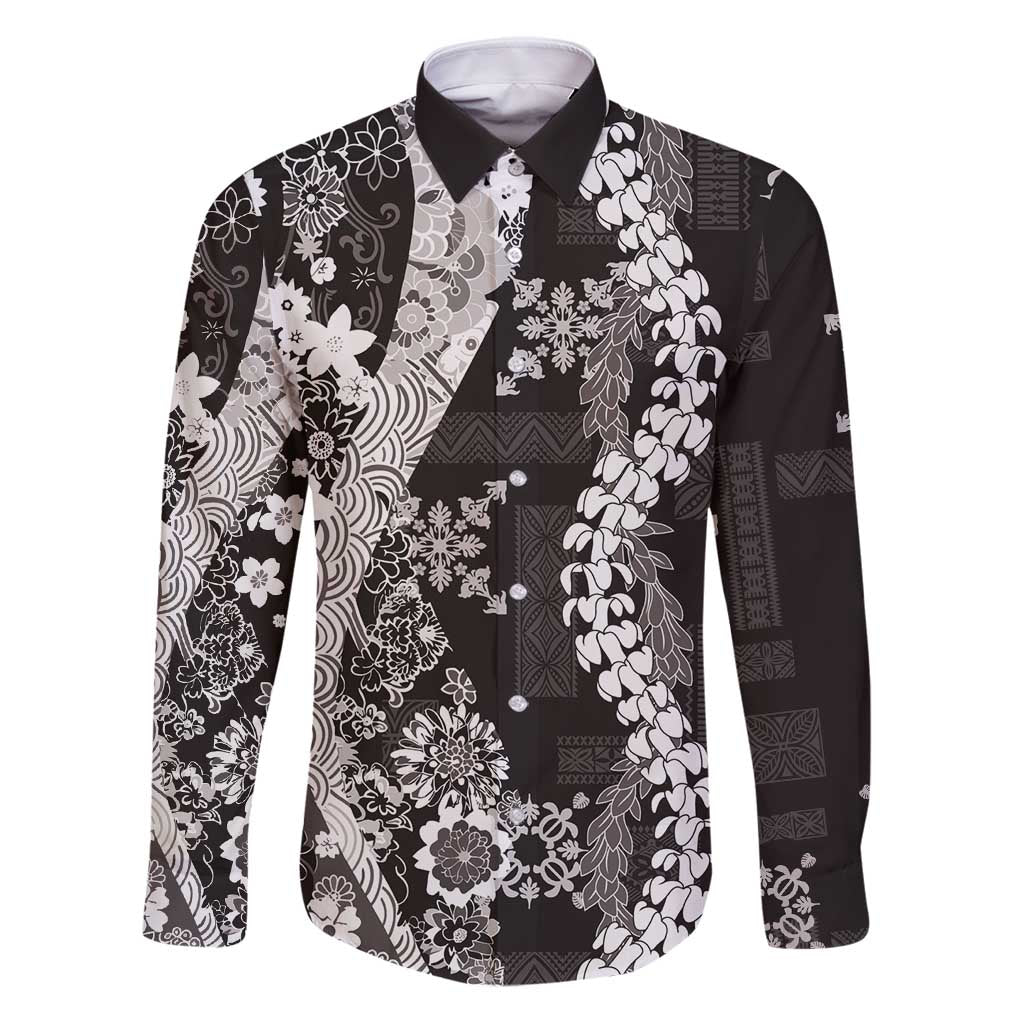 Hawaii Puakenikeni and Maile Lei Family Matching Puletasi and Hawaiian Shirt Black Japanese Wave Style - Polynesian Pride