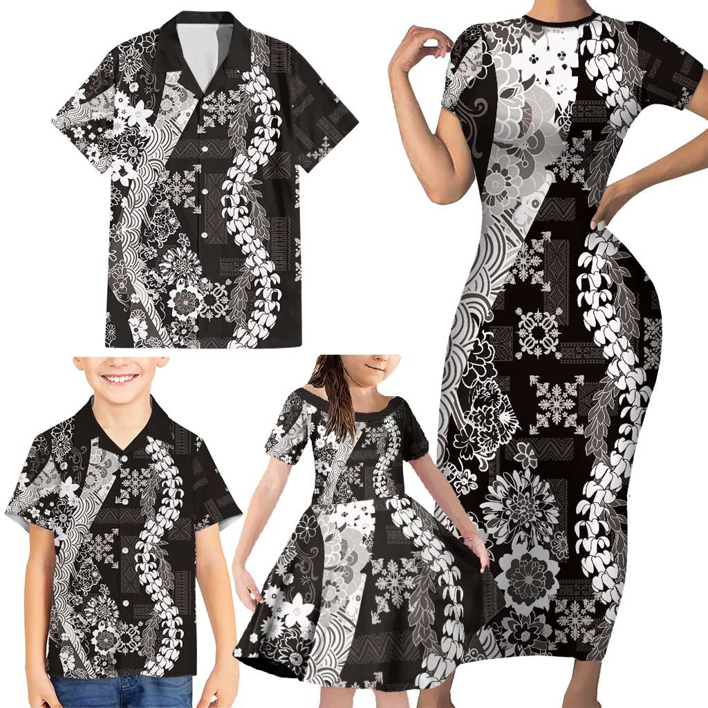 Hawaii Puakenikeni and Maile Lei Family Matching Short Sleeve Bodycon Dress and Hawaiian Shirt Black Japanese Wave Style LT9 - Polynesian Pride