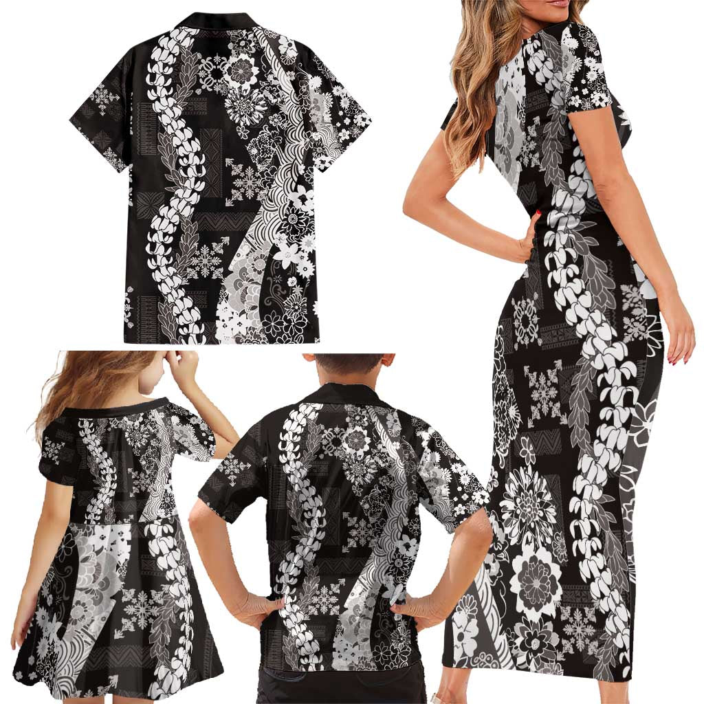 Hawaii Puakenikeni and Maile Lei Family Matching Short Sleeve Bodycon Dress and Hawaiian Shirt Black Japanese Wave Style LT9 - Polynesian Pride