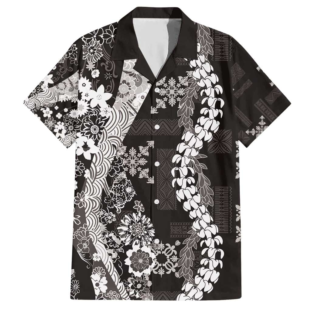 Hawaii Puakenikeni and Maile Lei Family Matching Short Sleeve Bodycon Dress and Hawaiian Shirt Black Japanese Wave Style LT9 Dad's Shirt - Short Sleeve Black - Polynesian Pride