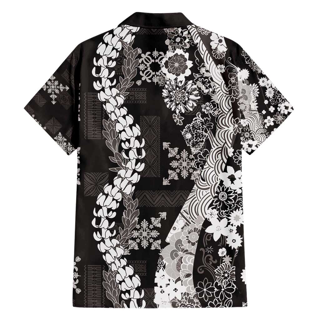 Hawaii Puakenikeni and Maile Lei Family Matching Short Sleeve Bodycon Dress and Hawaiian Shirt Black Japanese Wave Style LT9 - Polynesian Pride