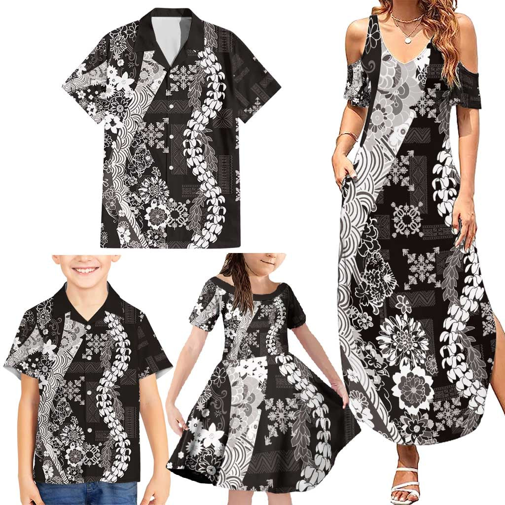 Hawaii Puakenikeni and Maile Lei Family Matching Summer Maxi Dress and Hawaiian Shirt Black Japanese Wave Style LT9 - Polynesian Pride