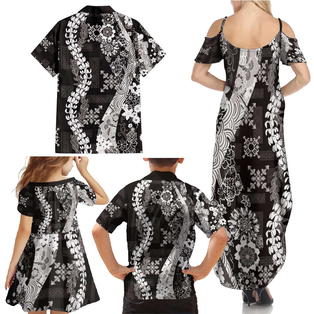 Hawaii Puakenikeni and Maile Lei Family Matching Summer Maxi Dress and Hawaiian Shirt Black Japanese Wave Style LT9 - Polynesian Pride