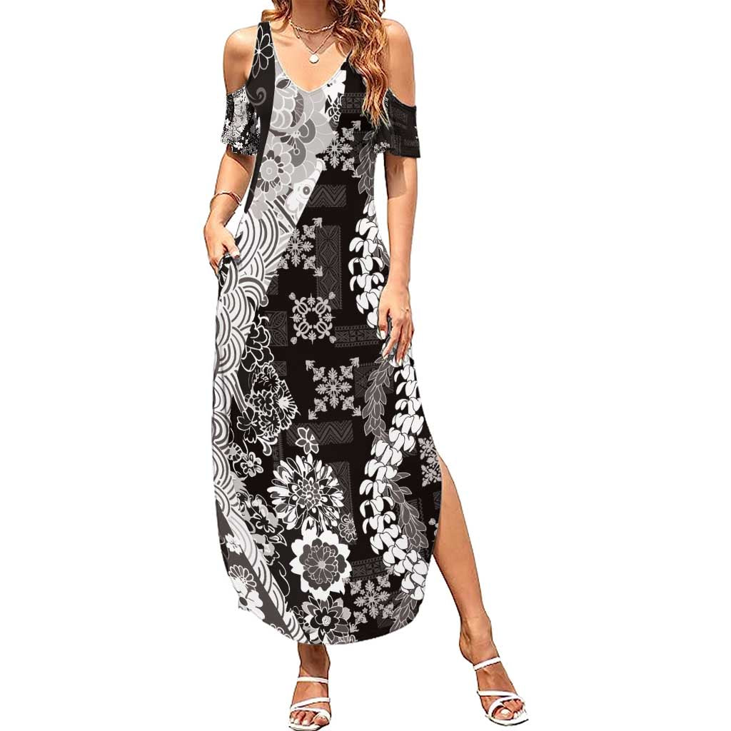 Hawaii Puakenikeni and Maile Lei Family Matching Summer Maxi Dress and Hawaiian Shirt Black Japanese Wave Style LT9 Mom's Dress Black - Polynesian Pride