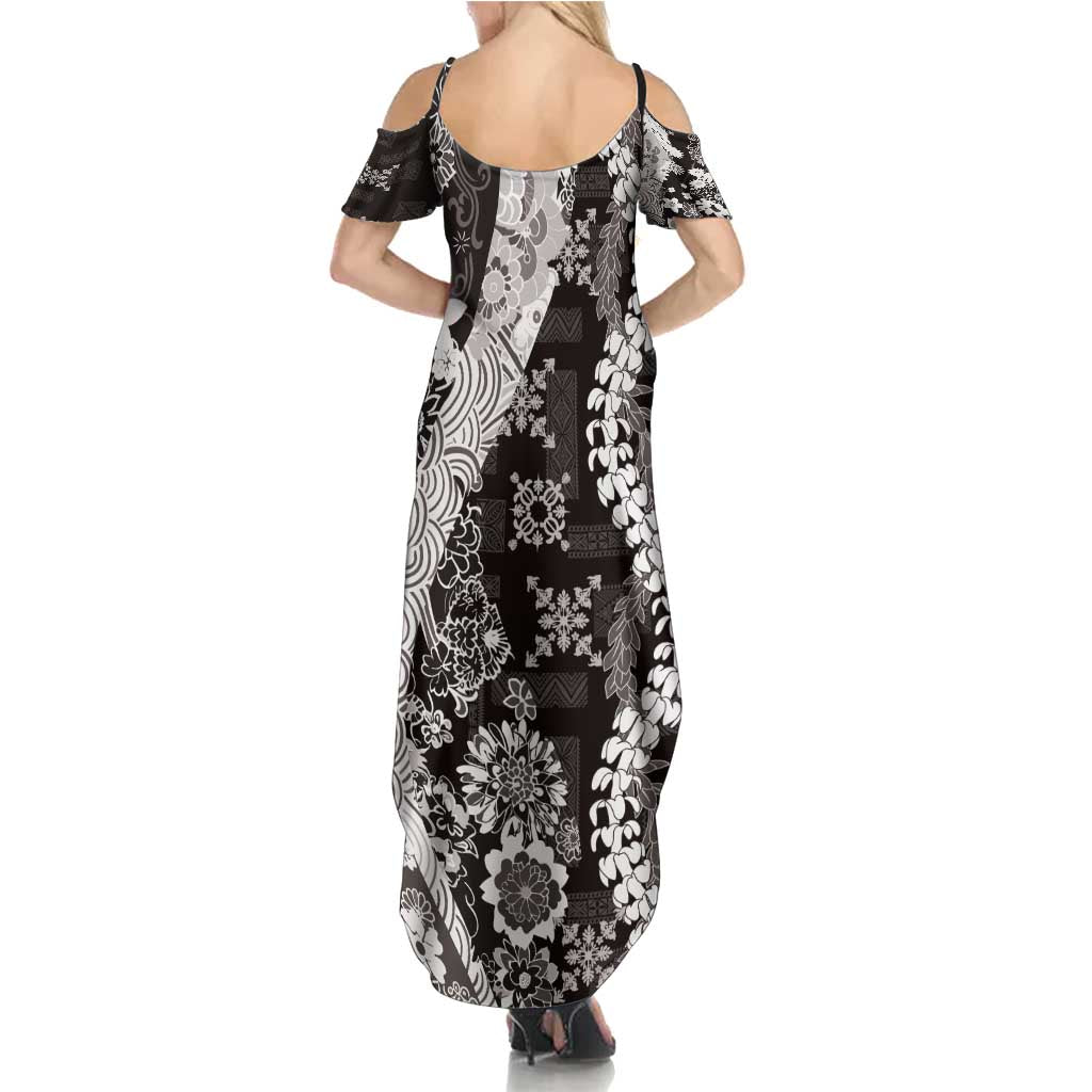 Hawaii Puakenikeni and Maile Lei Family Matching Summer Maxi Dress and Hawaiian Shirt Black Japanese Wave Style LT9 - Polynesian Pride