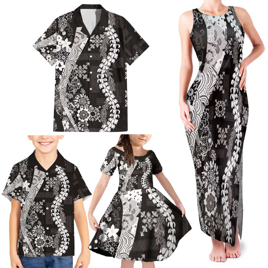 Hawaii Puakenikeni and Maile Lei Family Matching Tank Maxi Dress and Hawaiian Shirt Black Japanese Wave Style LT9 - Polynesian Pride