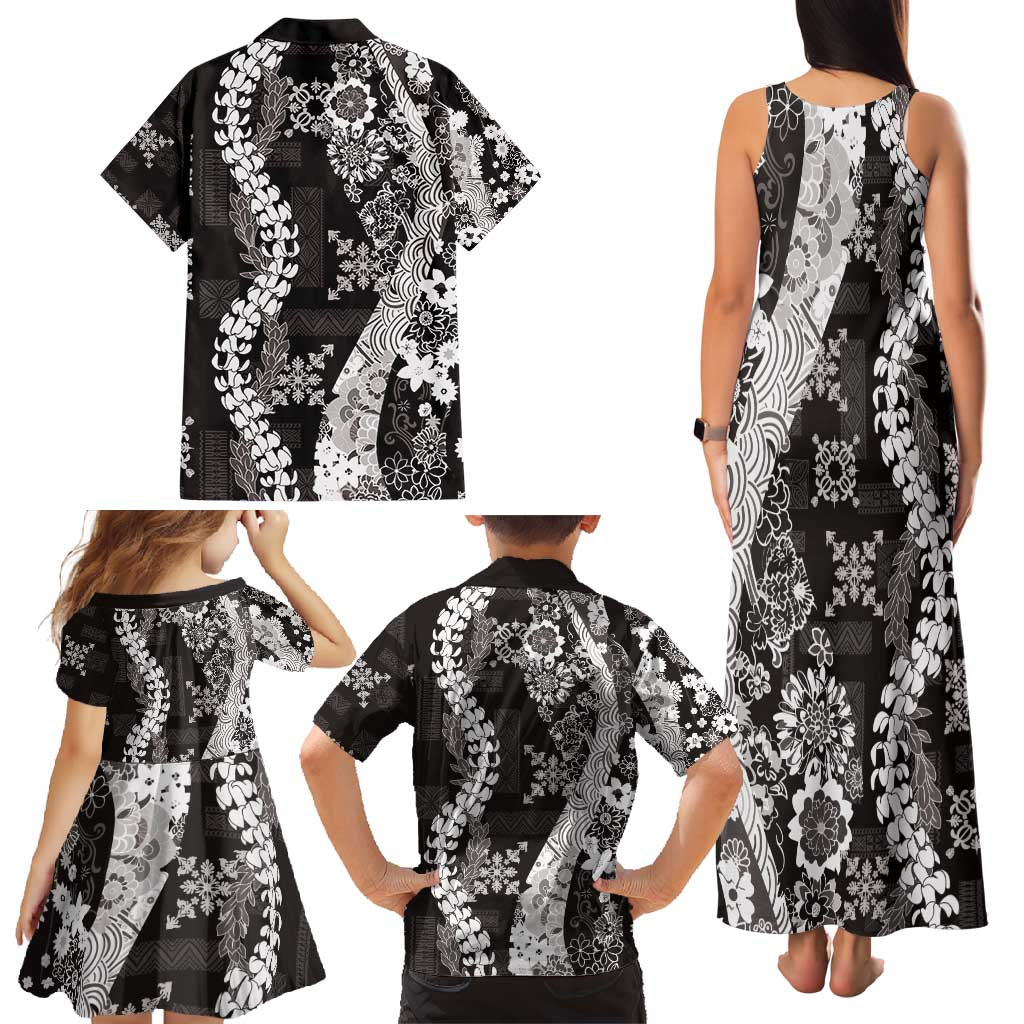 Hawaii Puakenikeni and Maile Lei Family Matching Tank Maxi Dress and Hawaiian Shirt Black Japanese Wave Style LT9 - Polynesian Pride