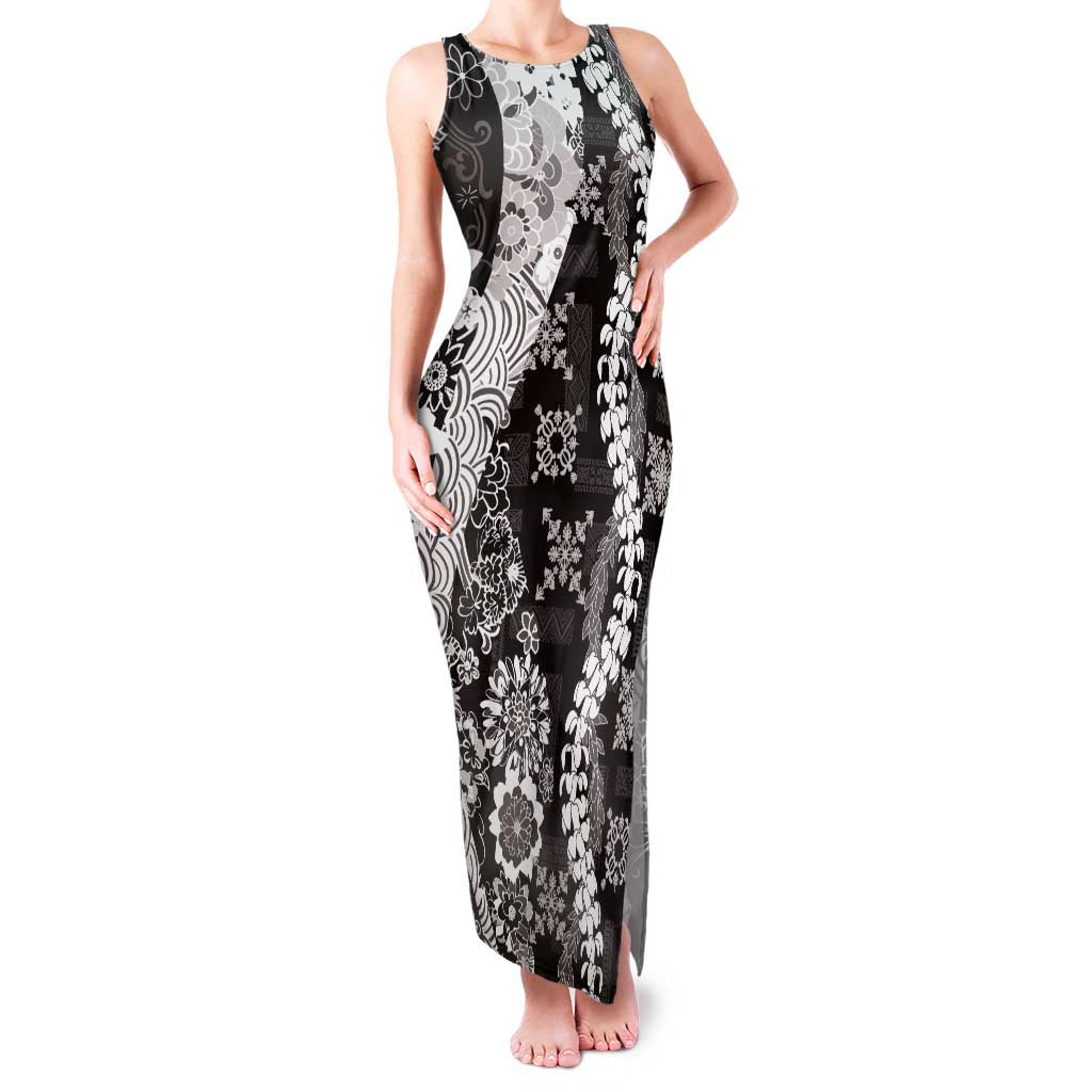 Hawaii Puakenikeni and Maile Lei Family Matching Tank Maxi Dress and Hawaiian Shirt Black Japanese Wave Style LT9 Mom's Dress Black - Polynesian Pride