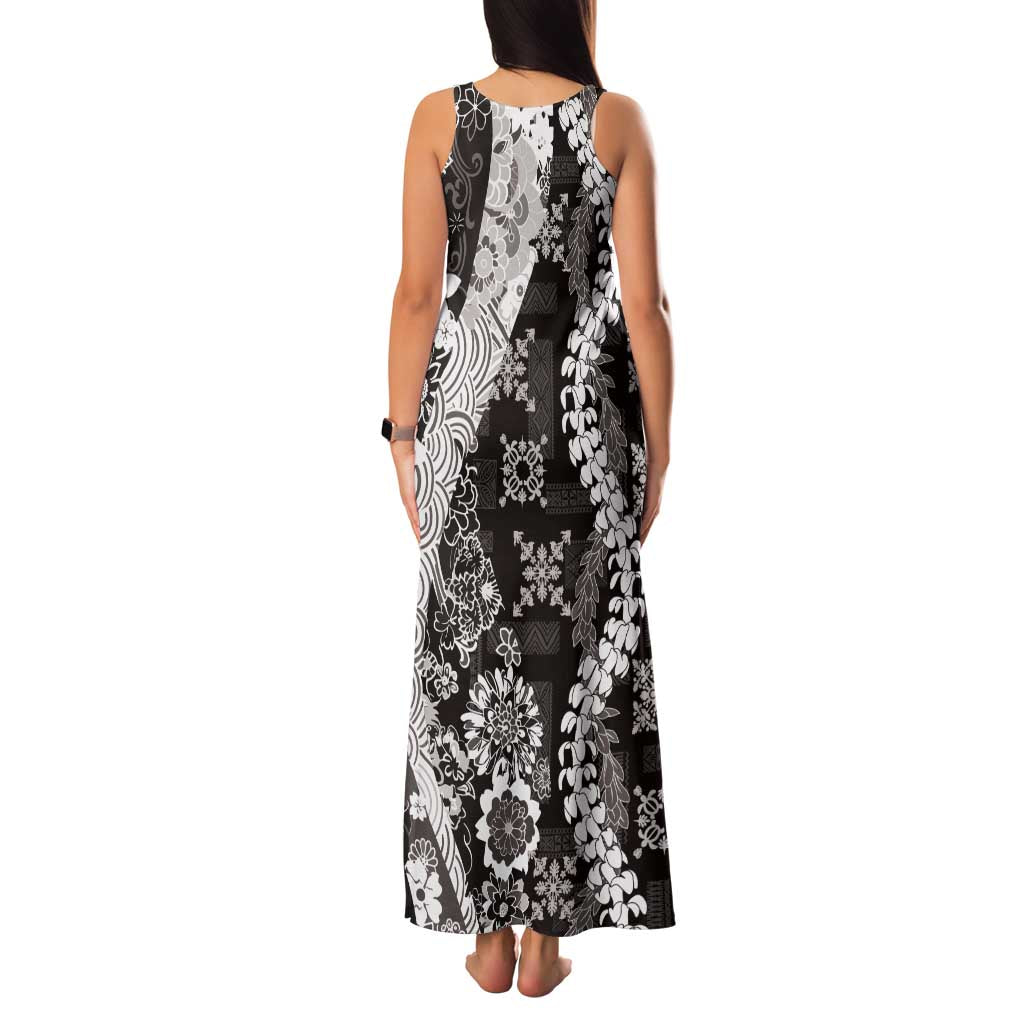 Hawaii Puakenikeni and Maile Lei Family Matching Tank Maxi Dress and Hawaiian Shirt Black Japanese Wave Style LT9 - Polynesian Pride