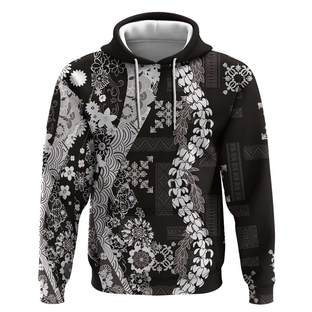 Hawaii Puakenikeni and Maile Lei Hoodie Black Japanese Wave Style - Polynesian Pride