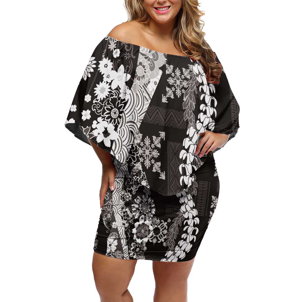 Hawaii Puakenikeni and Maile Lei Off Shoulder Short Dress Black Japanese Wave Style - Polynesian Pride