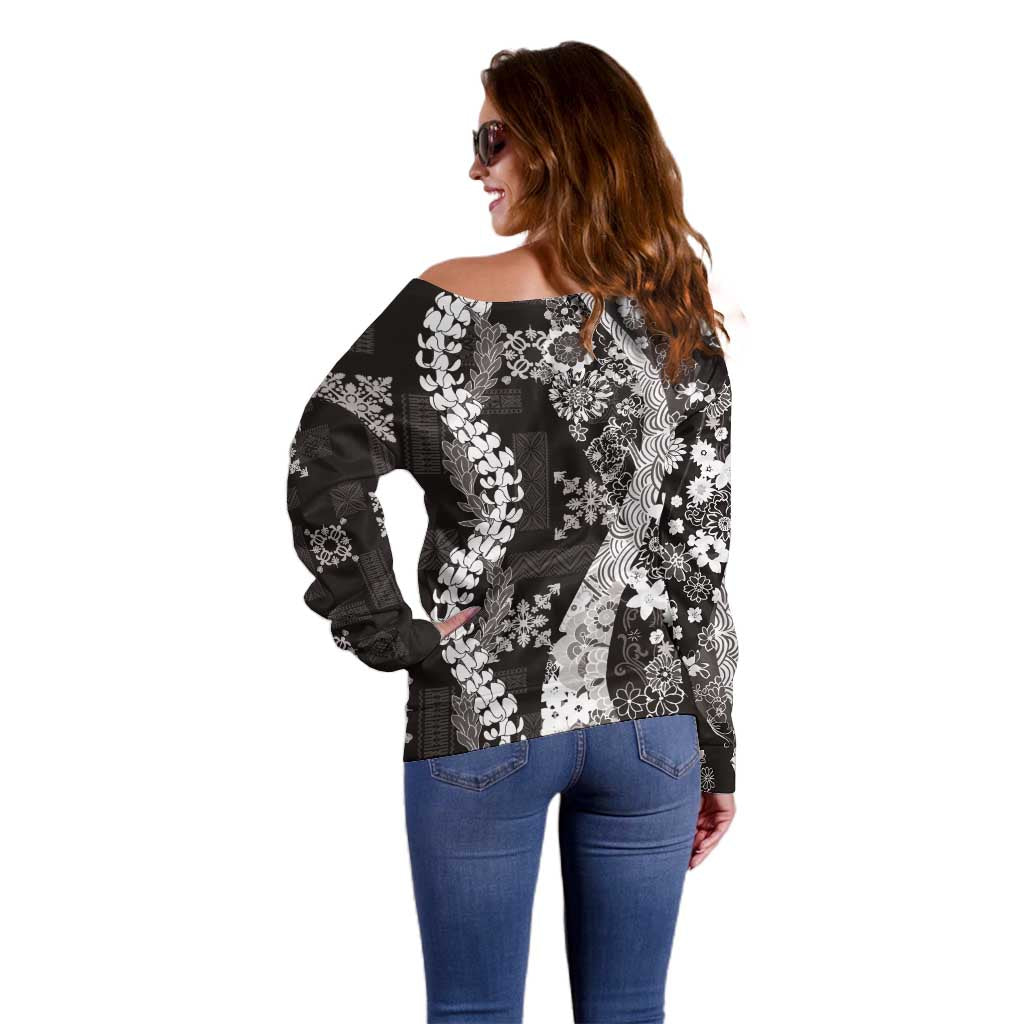 Hawaii Puakenikeni and Maile Lei Off Shoulder Sweater Black Japanese Wave Style - Polynesian Pride