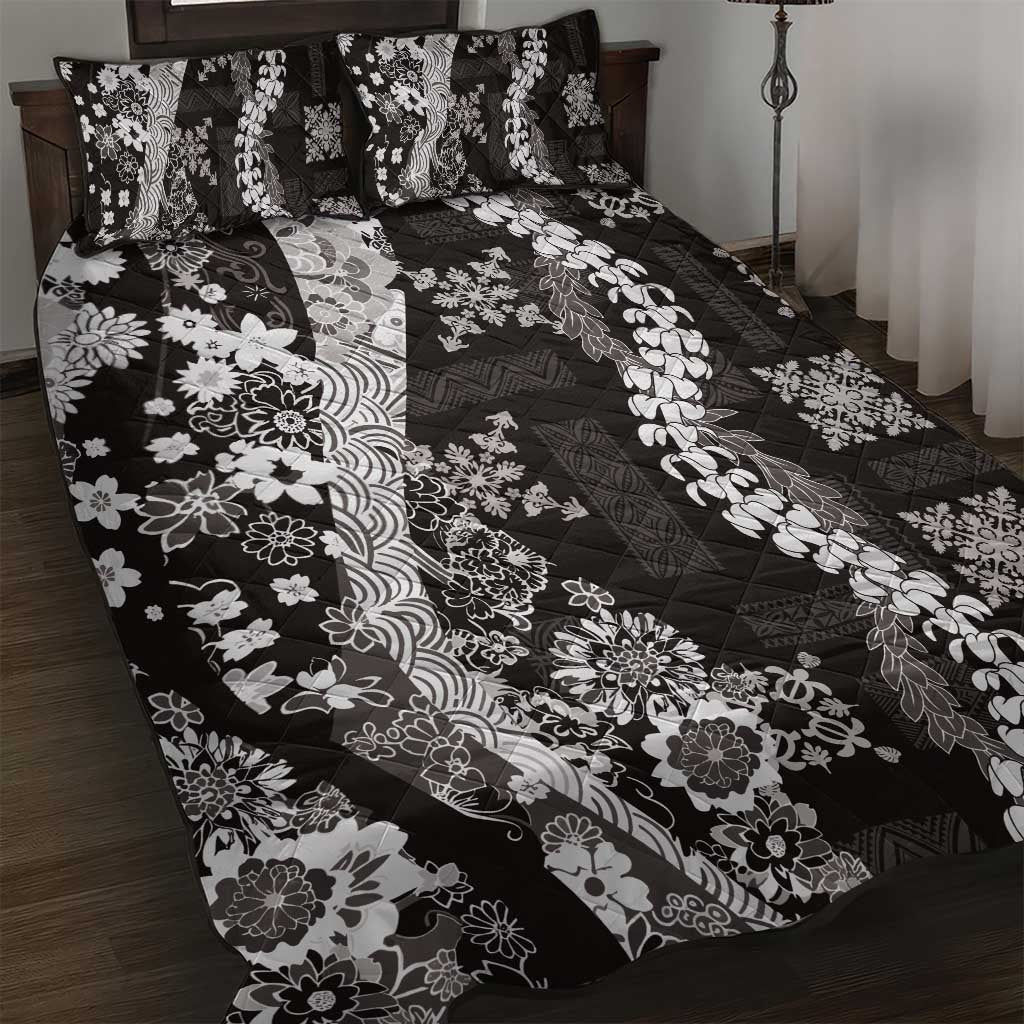 Hawaii Puakenikeni and Maile Lei Quilt Bed Set Black Japanese Wave Style LT9 Black - Polynesian Pride