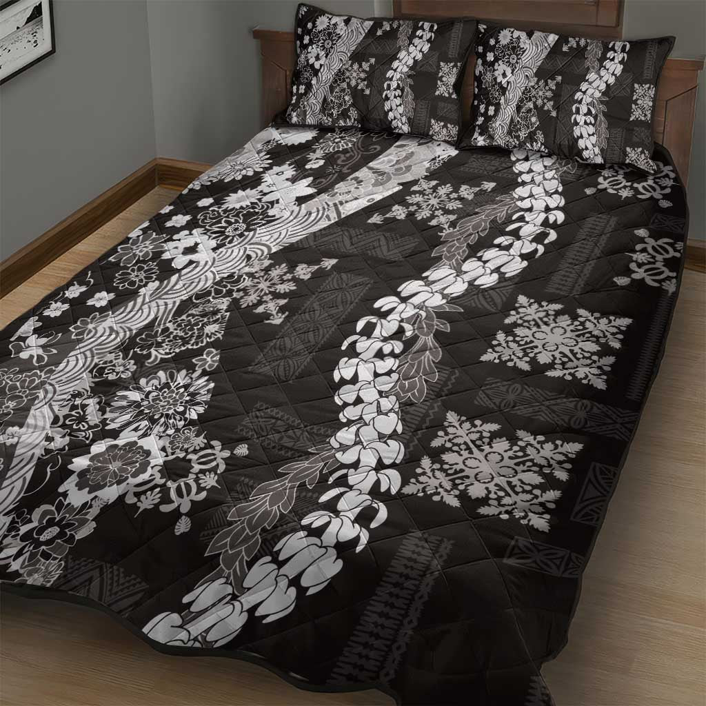 Hawaii Puakenikeni and Maile Lei Quilt Bed Set Black Japanese Wave Style LT9 - Polynesian Pride
