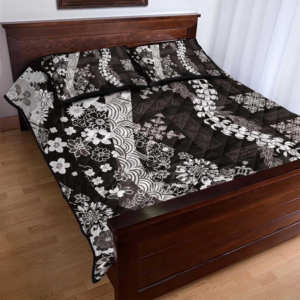 Hawaii Puakenikeni and Maile Lei Quilt Bed Set Black Japanese Wave Style LT9 - Polynesian Pride