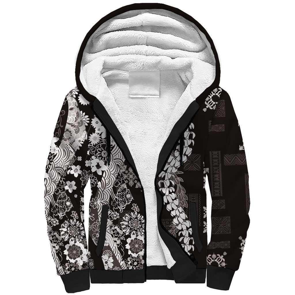Hawaii Puakenikeni and Maile Lei Sherpa Hoodie Black Japanese Wave Style - Polynesian Pride
