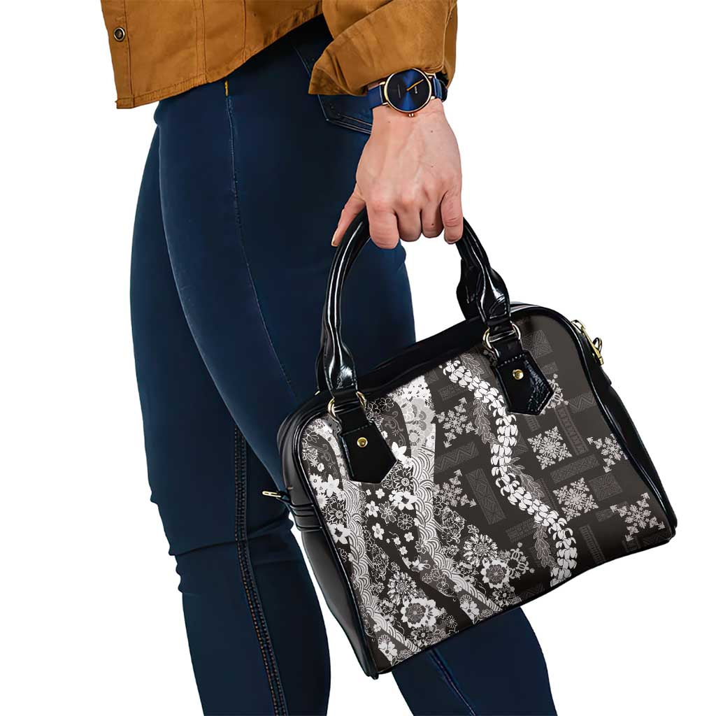 Hawaii Puakenikeni and Maile Lei Shoulder Handbag Black Japanese Wave Style - Polynesian Pride