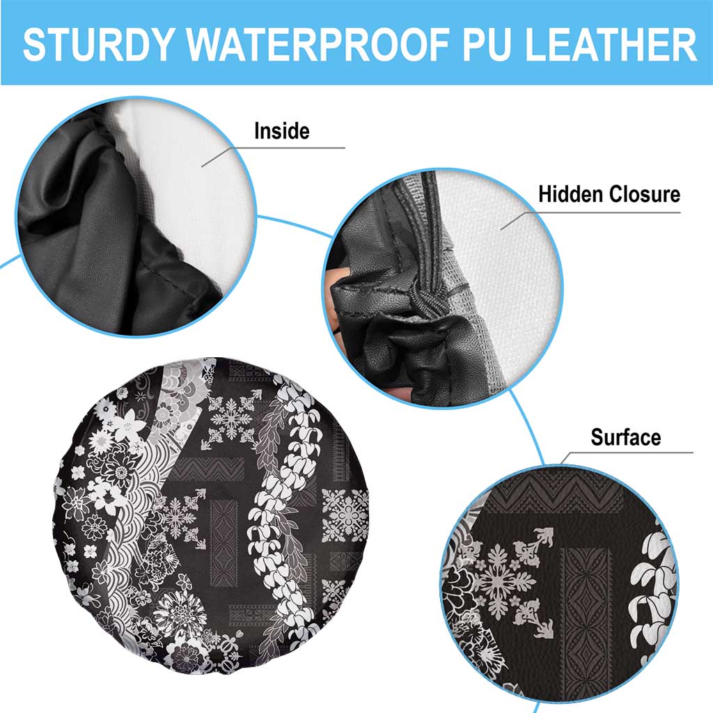 Hawaii Puakenikeni and Maile Lei Spare Tire Cover Black Japanese Wave Style - Polynesian Pride