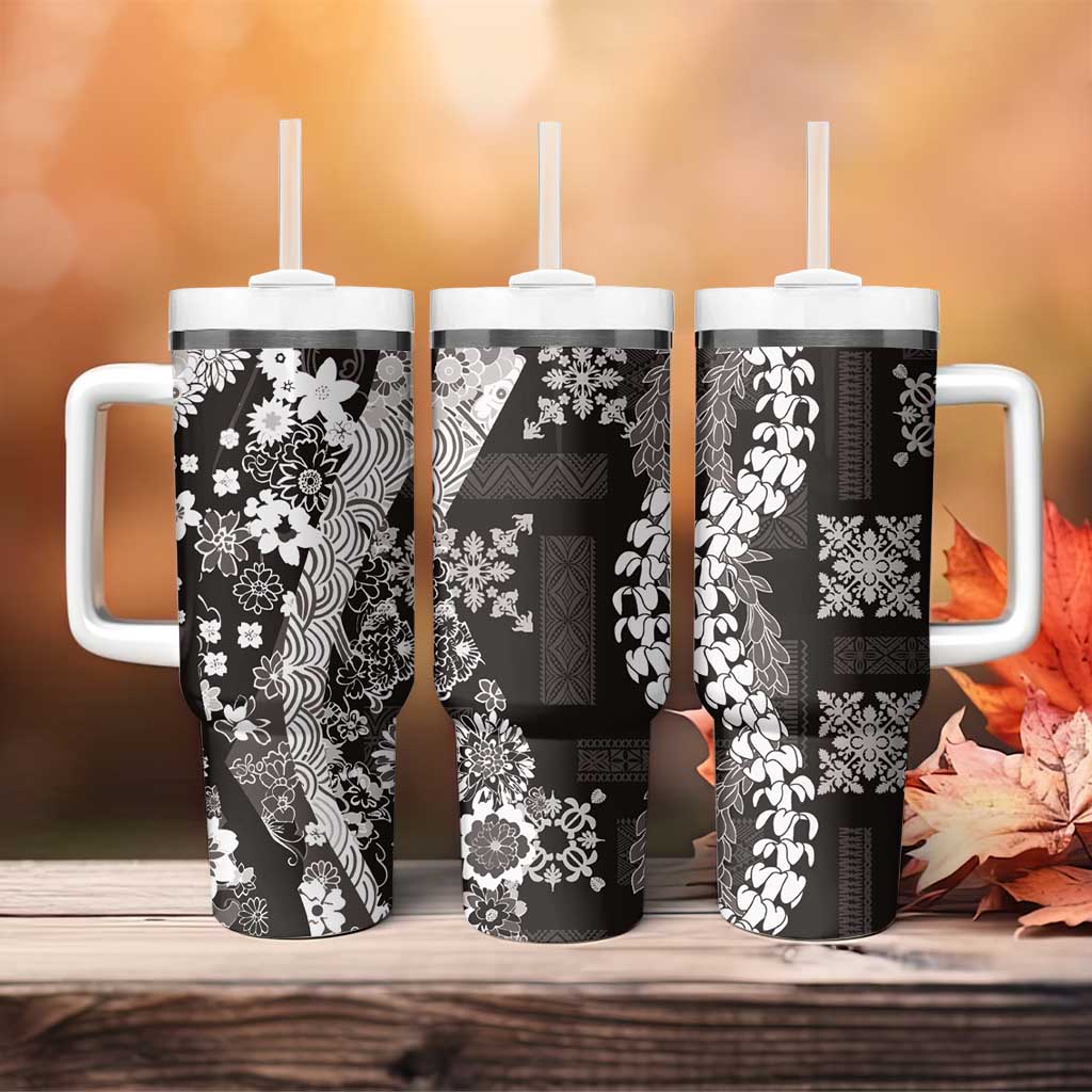 Hawaii Puakenikeni and Maile Lei Tumbler With Handle Black Japanese Wave Style - Polynesian Pride