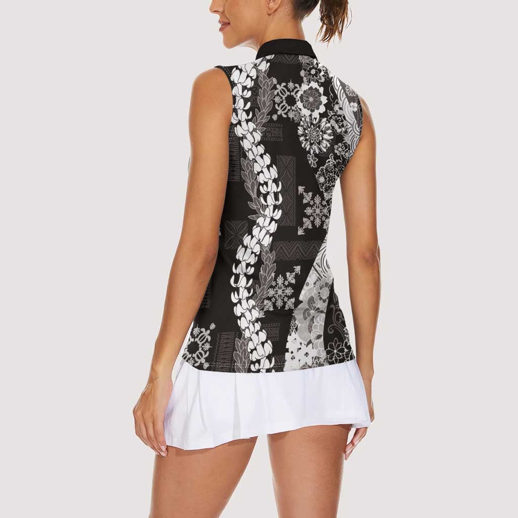 Hawaii Puakenikeni and Maile Lei Women Sleeveless Polo Shirt Black Japanese Wave Style - Polynesian Pride