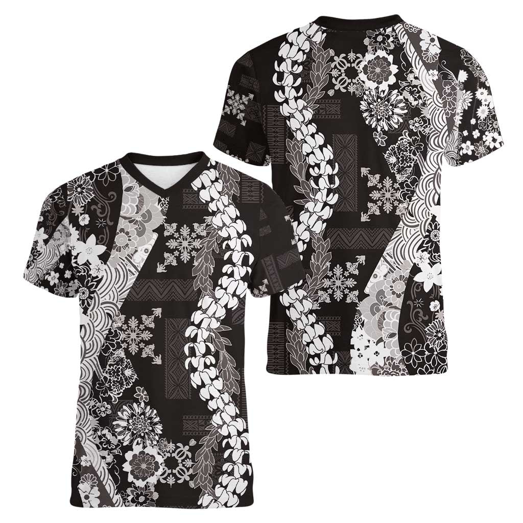 Hawaii Puakenikeni and Maile Lei Women V-Neck T-Shirt Black Japanese Wave Style - Polynesian Pride
